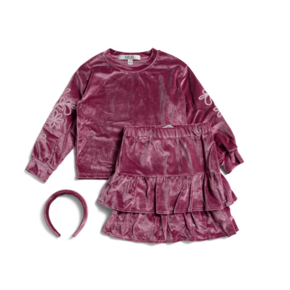 NWT BADGLEY MISCHKA Girls 2pc Embroidered Velvet Top and Skort Set with Headband
